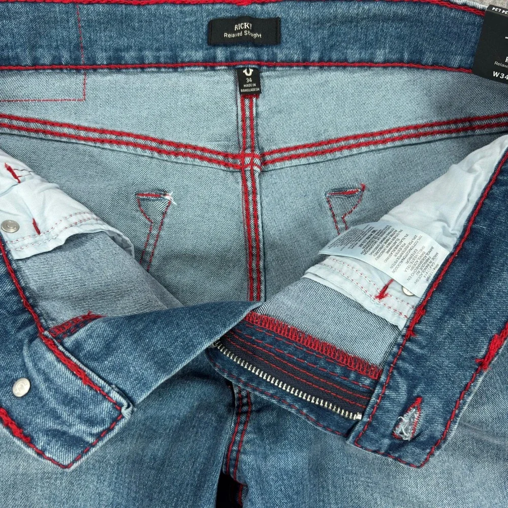 True Religion Ricky Red Big T Jeans Mens 34x34 Blue Neptune Wash Straight NWT